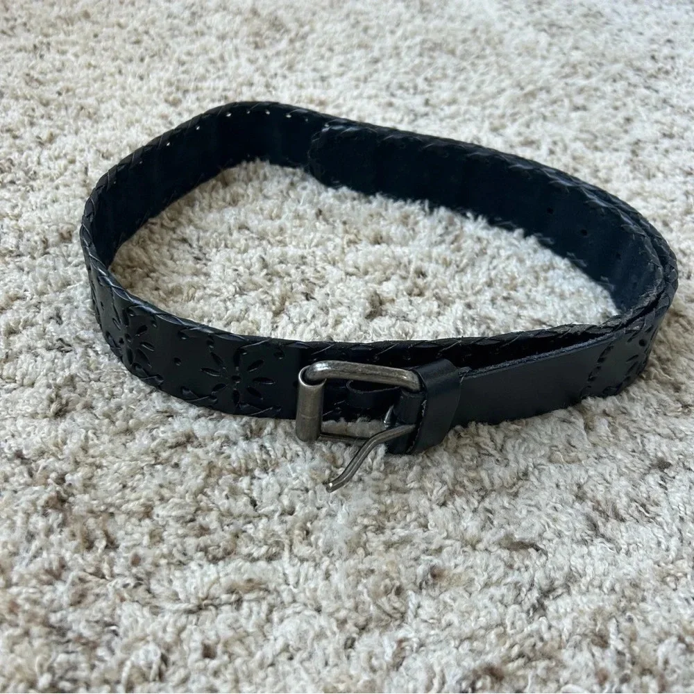 Vintage Bonded Leather Flower Printed Black Belt Size Large